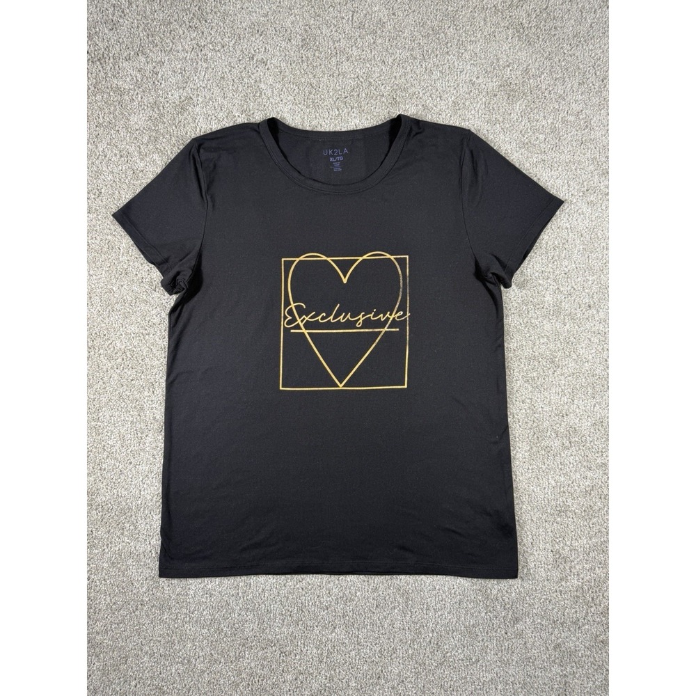 UK2LA Womens Black Graphic T-Shirt XL Exclusive Gold Heart Short Sleeve Tee